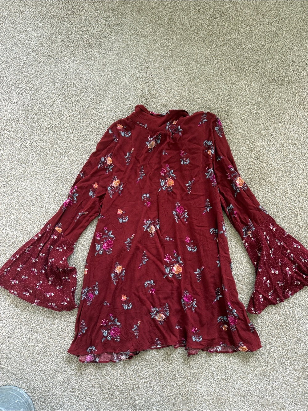 Free People Tate Boho Vintage Burgundy Floral Bell Sleeve Mini Dress